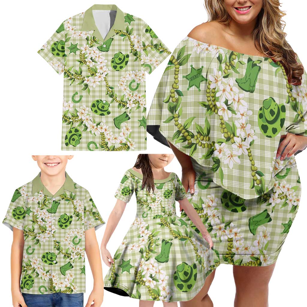 Mokihana Maile Ilima Leis Paniolo Palaka Family Matching Off Shoulder Short Dress and Hawaiian Shirt Hawaiian Omaomo Ala Spirit - Polynesian Pride