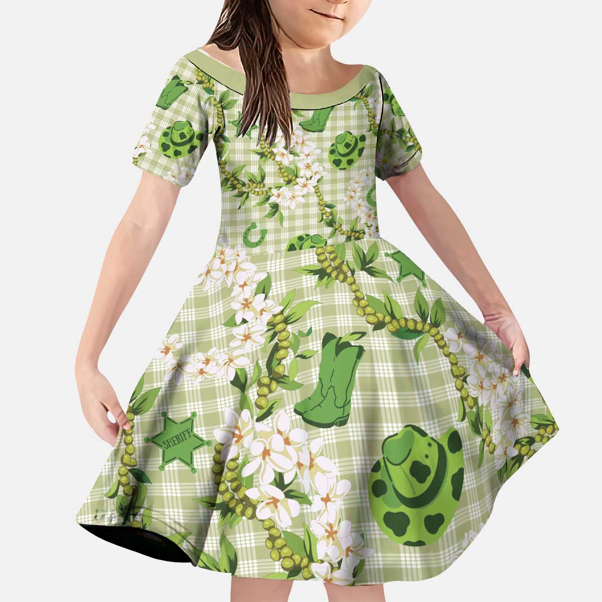 Mokihana Maile Ilima Leis Paniolo Palaka Kid Short Sleeve Dress Hawaiian Omaomo Ala Spirit - Polynesian Pride