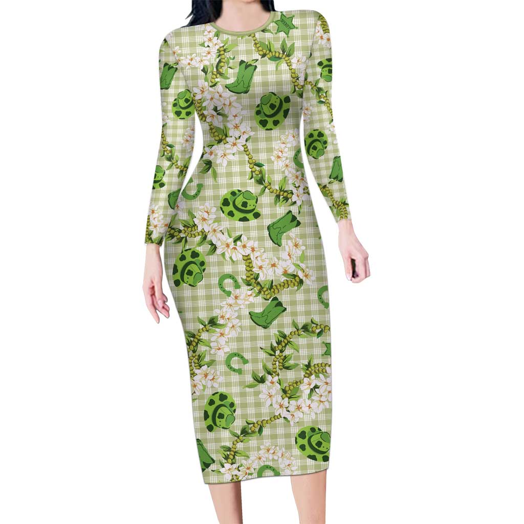 Mokihana Maile Ilima Leis Paniolo Palaka Long Sleeve Bodycon Dress Hawaiian Omaomo Ala Spirit LT9 Long Dress Green - Polynesian Pride