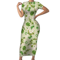 Mokihana Maile Ilima Leis Paniolo Palaka Short Sleeve Bodycon Dress Hawaiian Omaomo Ala Spirit LT9 Long Dress Green - Polynesian Pride