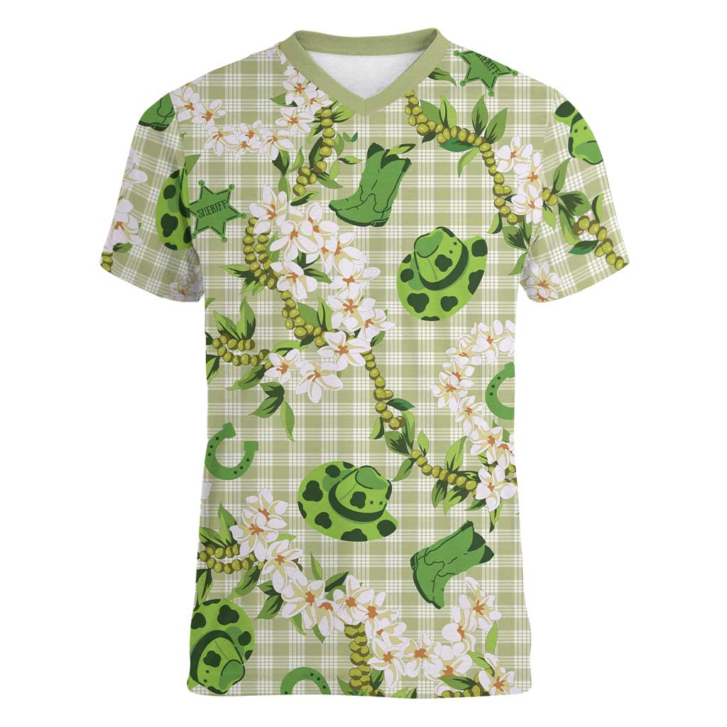Mokihana Maile Ilima Leis Paniolo Palaka Women V-Neck T-Shirt Hawaiian Omaomo Ala Spirit LT9 Female Green - Polynesian Pride