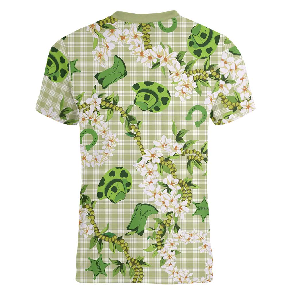 Mokihana Maile Ilima Leis Paniolo Palaka Women V-Neck T-Shirt Hawaiian Omaomo Ala Spirit LT9 - Polynesian Pride