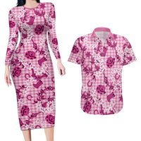Mokihana Maile Ilima Leis Paniolo Palaka Couples Matching Long Sleeve Bodycon Dress and Hawaiian Shirt Hawaiian Omaomo Ulaula Spirit LT9 Pink - Polynesian Pride