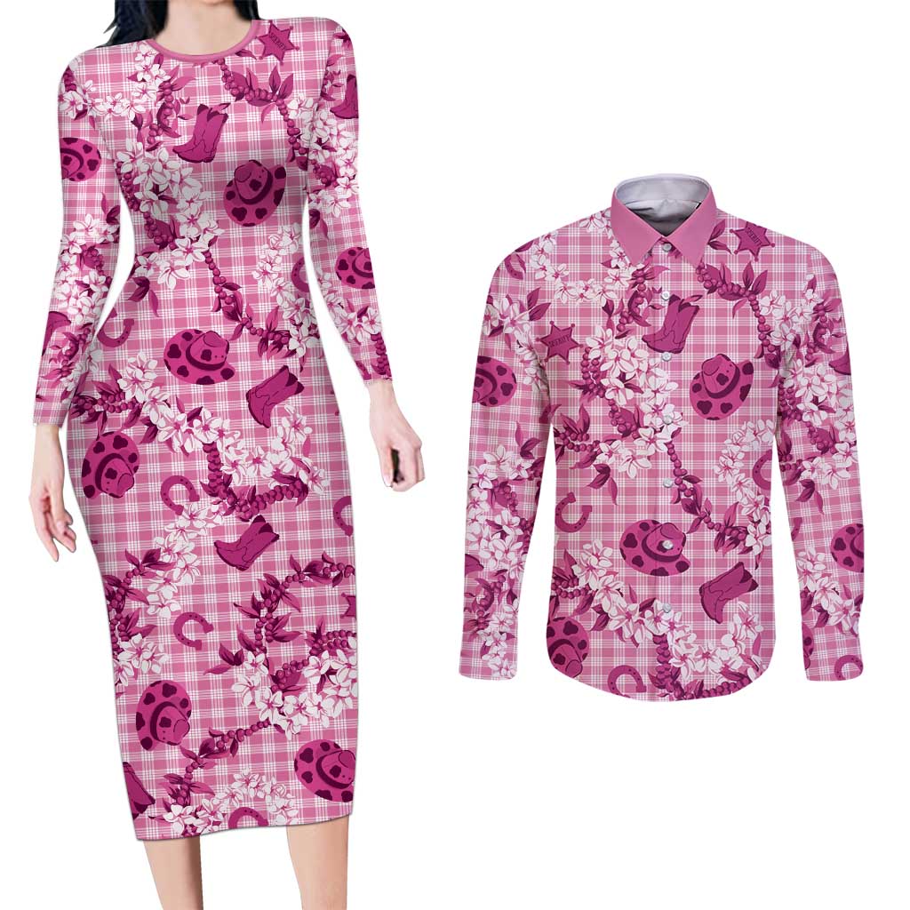 Mokihana Maile Ilima Leis Paniolo Palaka Couples Matching Long Sleeve Bodycon Dress and Long Sleeve Button Shirt Hawaiian Omaomo Ulaula Spirit LT9 Pink - Polynesian Pride