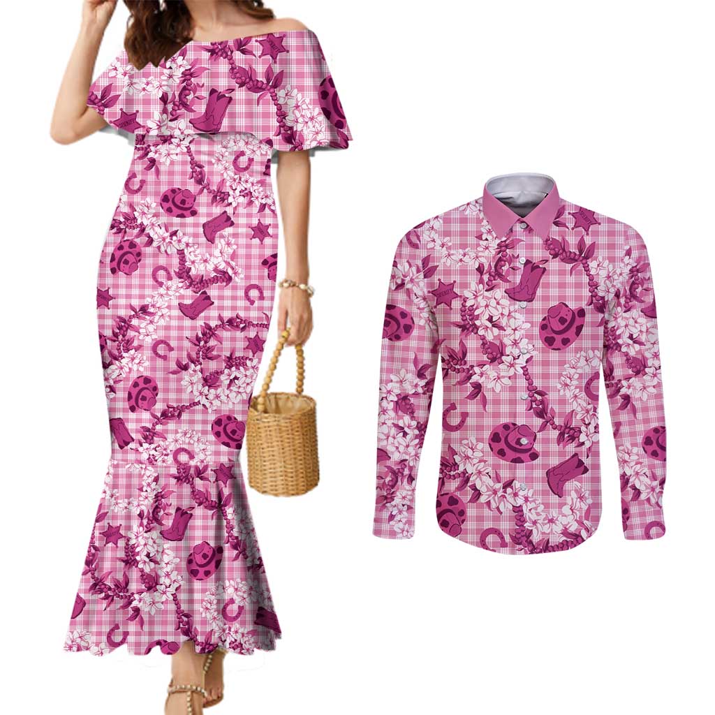 Mokihana Maile Ilima Leis Paniolo Palaka Couples Matching Mermaid Dress and Long Sleeve Button Shirt Hawaiian Omaomo Ulaula Spirit LT9 Pink - Polynesian Pride