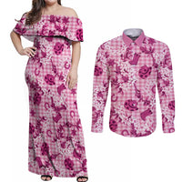 Mokihana Maile Ilima Leis Paniolo Palaka Couples Matching Off Shoulder Maxi Dress and Long Sleeve Button Shirt Hawaiian Omaomo Ulaula Spirit LT9 Pink - Polynesian Pride