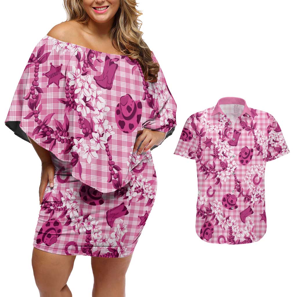 Mokihana Maile Ilima Leis Paniolo Palaka Couples Matching Off Shoulder Short Dress and Hawaiian Shirt Hawaiian Omaomo Ulaula Spirit LT9 Pink - Polynesian Pride