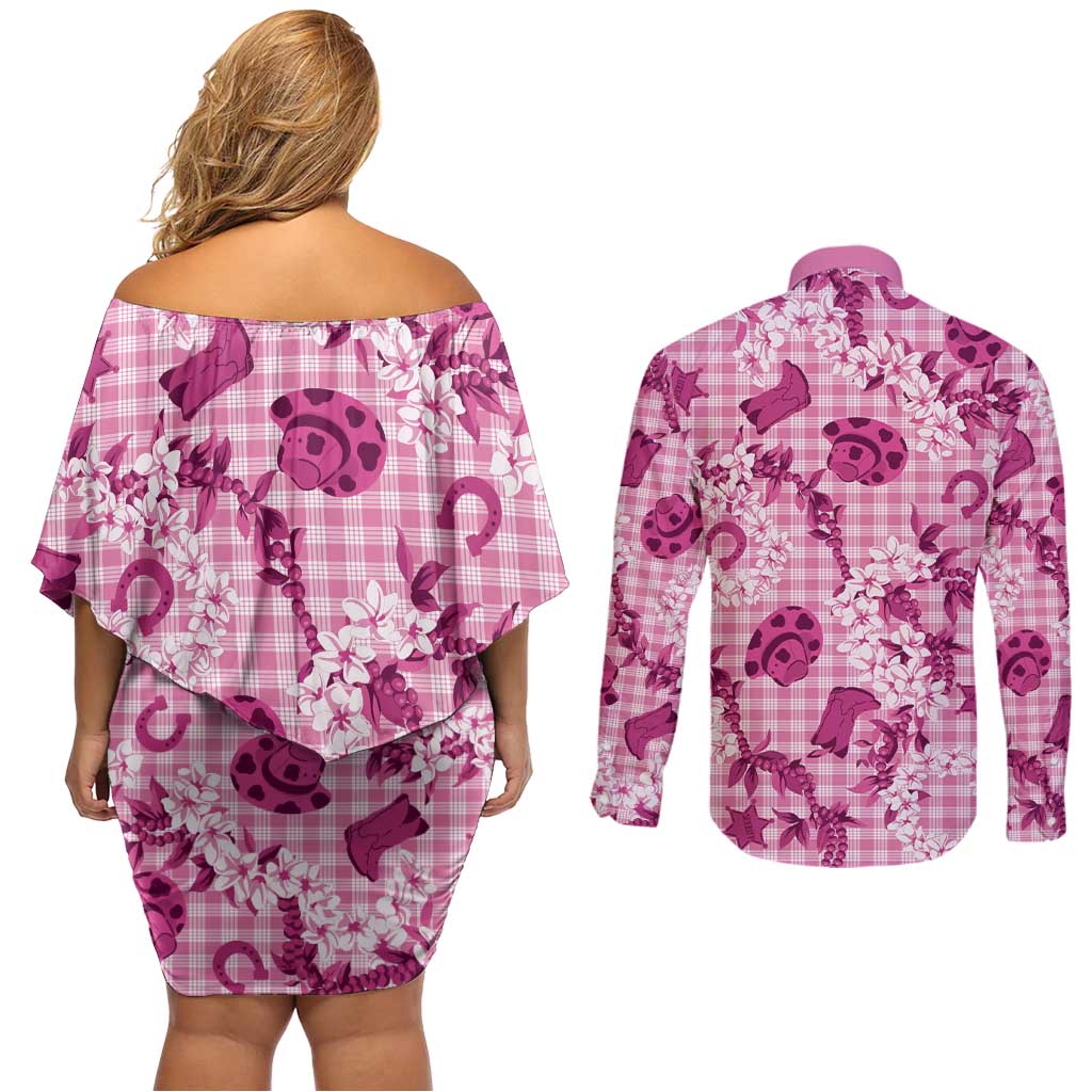 Mokihana Maile Ilima Leis Paniolo Palaka Couples Matching Off Shoulder Short Dress and Long Sleeve Button Shirt Hawaiian Omaomo Ulaula Spirit LT9 - Polynesian Pride
