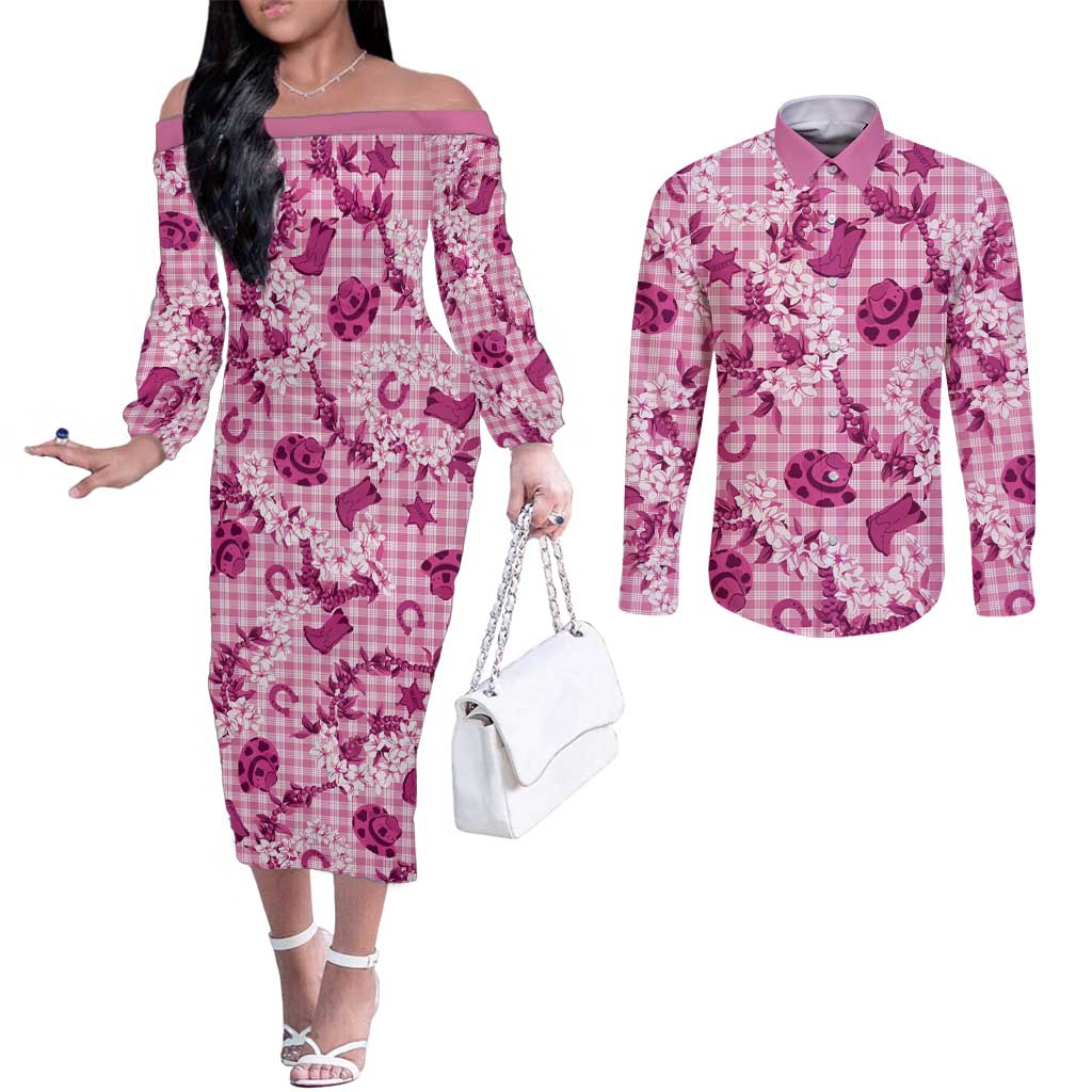 Mokihana Maile Ilima Leis Paniolo Palaka Couples Matching Off The Shoulder Long Sleeve Dress and Long Sleeve Button Shirt Hawaiian Omaomo Ulaula Spirit LT9 Pink - Polynesian Pride