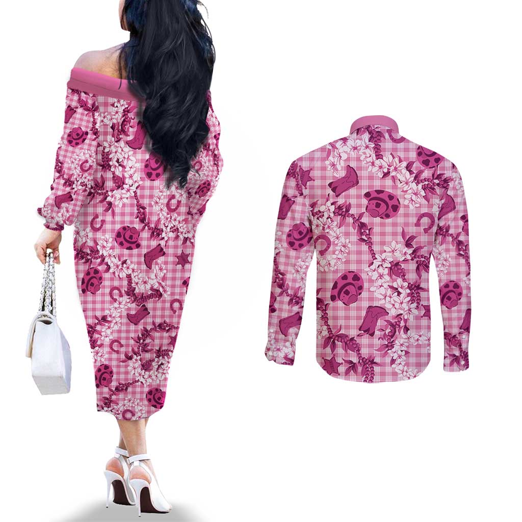 Mokihana Maile Ilima Leis Paniolo Palaka Couples Matching Off The Shoulder Long Sleeve Dress and Long Sleeve Button Shirt Hawaiian Omaomo Ulaula Spirit LT9 - Polynesian Pride