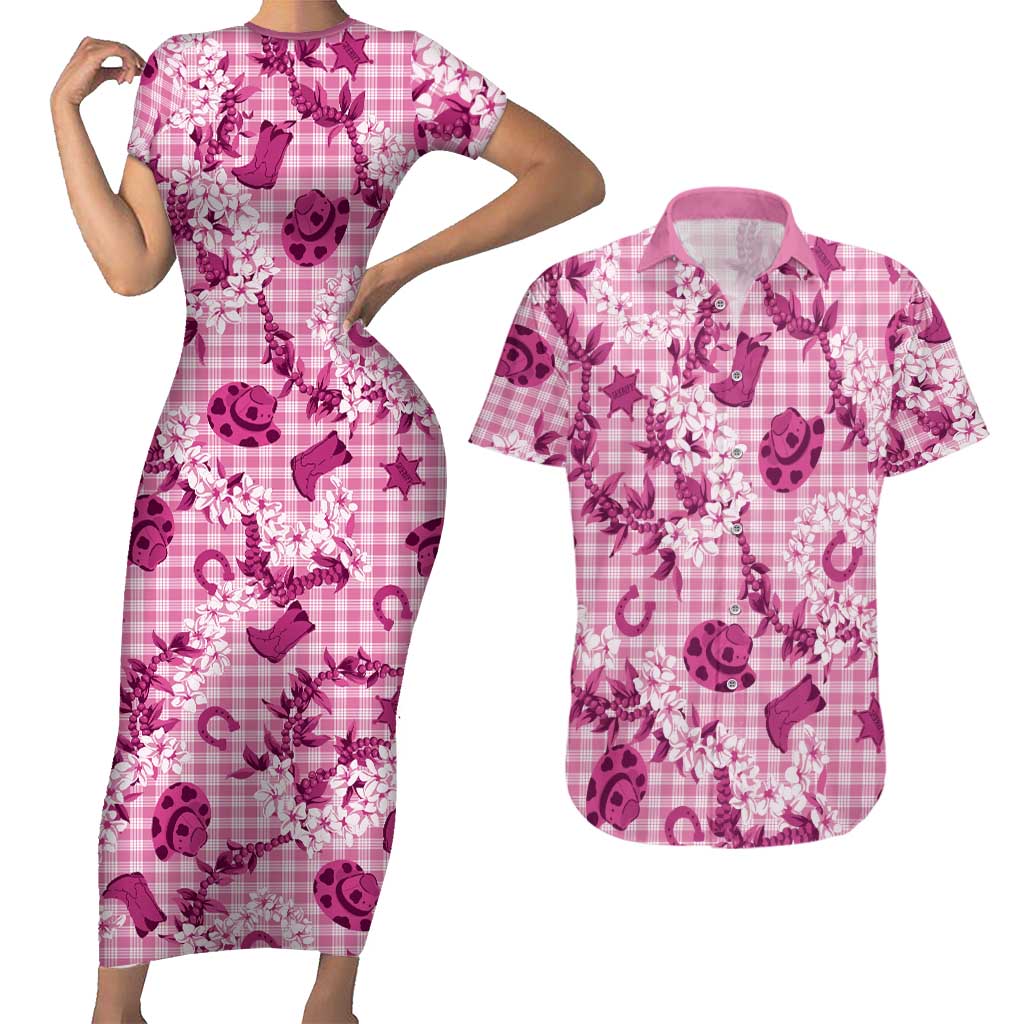 Mokihana Maile Ilima Leis Paniolo Palaka Couples Matching Short Sleeve Bodycon Dress and Hawaiian Shirt Hawaiian Omaomo Ulaula Spirit - Polynesian Pride