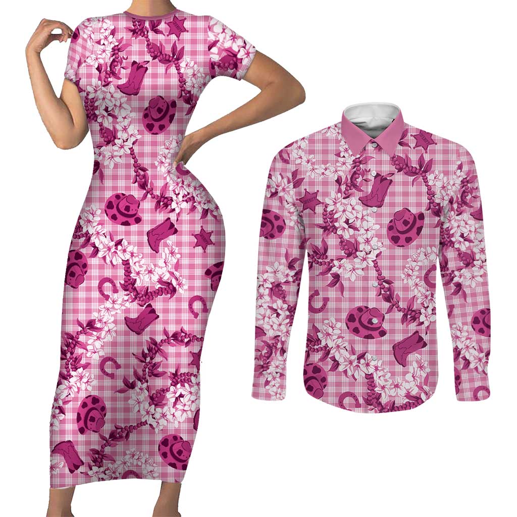 Mokihana Maile Ilima Leis Paniolo Palaka Couples Matching Short Sleeve Bodycon Dress and Long Sleeve Button Shirt Hawaiian Omaomo Ulaula Spirit - Polynesian Pride