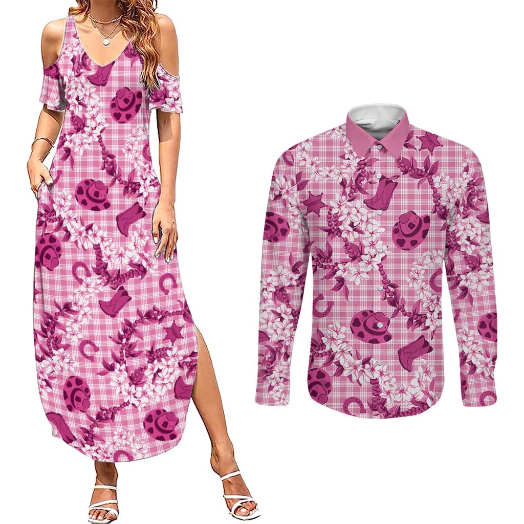 Mokihana Maile Ilima Leis Paniolo Palaka Couples Matching Summer Maxi Dress and Long Sleeve Button Shirt Hawaiian Omaomo Ulaula Spirit - Polynesian Pride
