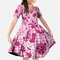 Mokihana Maile Ilima Leis Paniolo Palaka Family Matching Off The Shoulder Long Sleeve Dress and Hawaiian Shirt Hawaiian Omaomo Ulaula Spirit LT9 Daughter's Dress Pink - Polynesian Pride