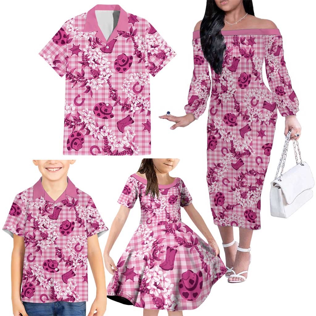 Mokihana Maile Ilima Leis Paniolo Palaka Family Matching Off The Shoulder Long Sleeve Dress and Hawaiian Shirt Hawaiian Omaomo Ulaula Spirit LT9 - Polynesian Pride