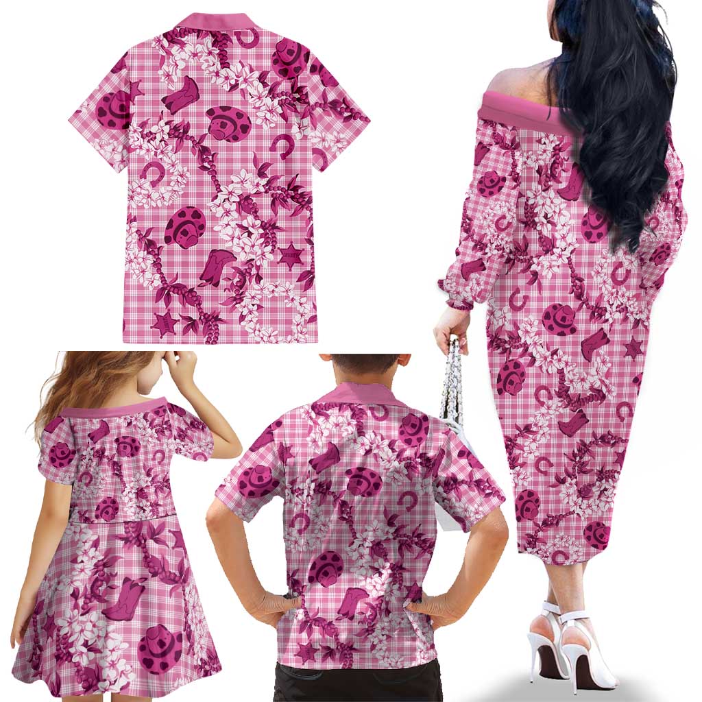 Mokihana Maile Ilima Leis Paniolo Palaka Family Matching Off The Shoulder Long Sleeve Dress and Hawaiian Shirt Hawaiian Omaomo Ulaula Spirit LT9 - Polynesian Pride