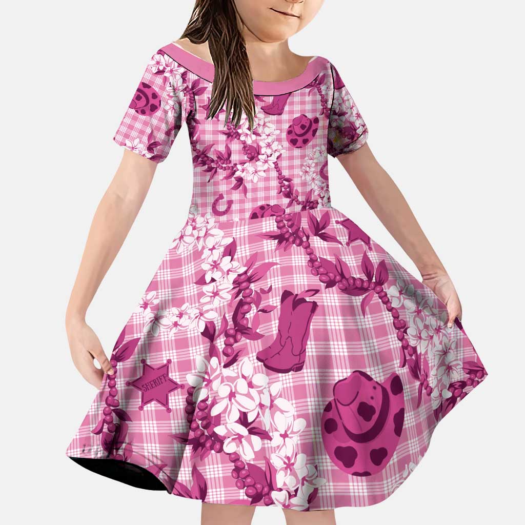Mokihana Maile Ilima Leis Paniolo Palaka Family Matching Off Shoulder Short Dress and Hawaiian Shirt Hawaiian Omaomo Ulaula Spirit LT9 Daughter's Dress Pink - Polynesian Pride