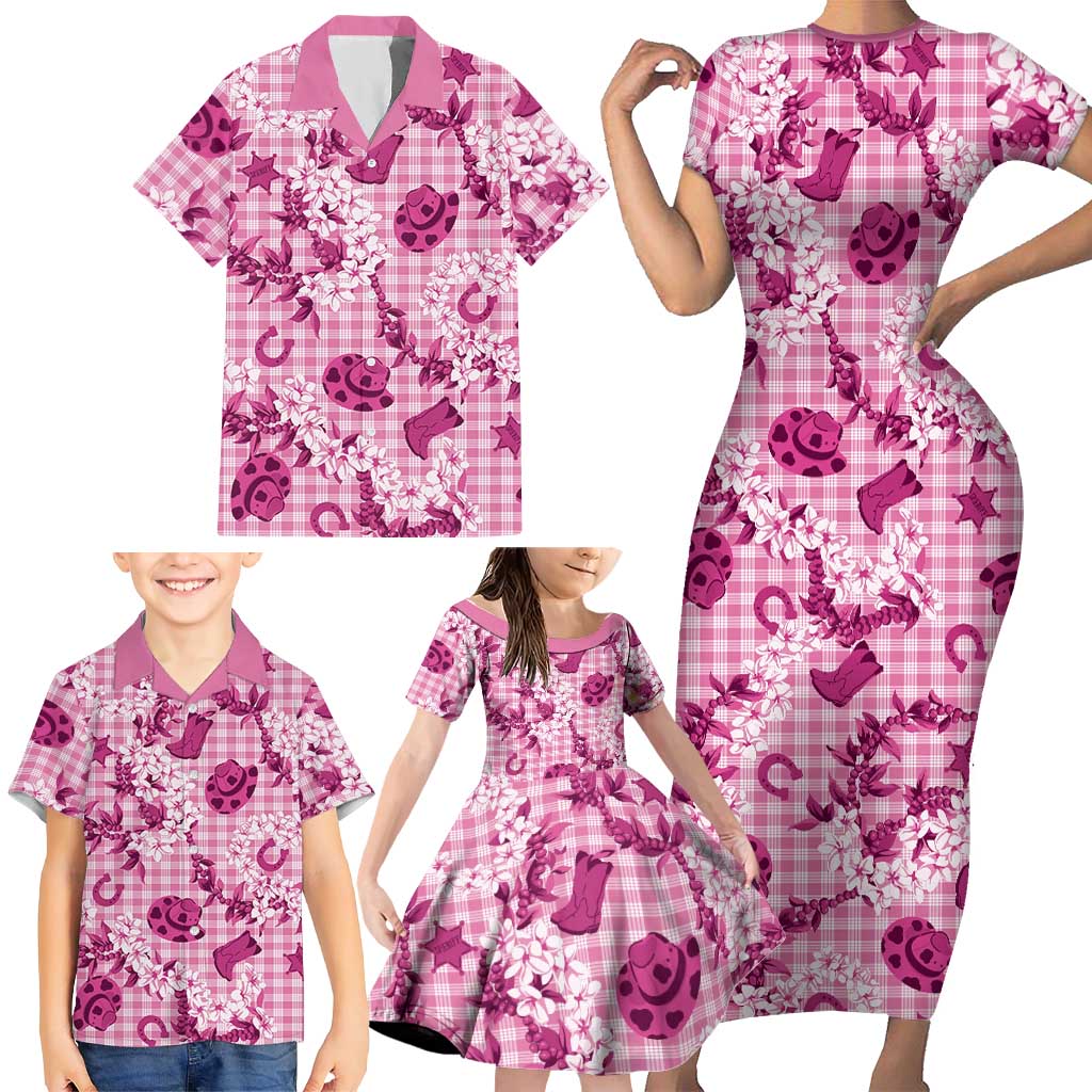 Mokihana Maile Ilima Leis Paniolo Palaka Family Matching Short Sleeve Bodycon Dress and Hawaiian Shirt Hawaiian Omaomo Ulaula Spirit - Polynesian Pride