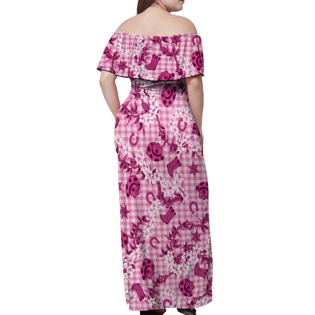 Mokihana Maile Ilima Leis Paniolo Palaka Off Shoulder Maxi Dress Hawaiian Omaomo Ulaula Spirit - Polynesian Pride