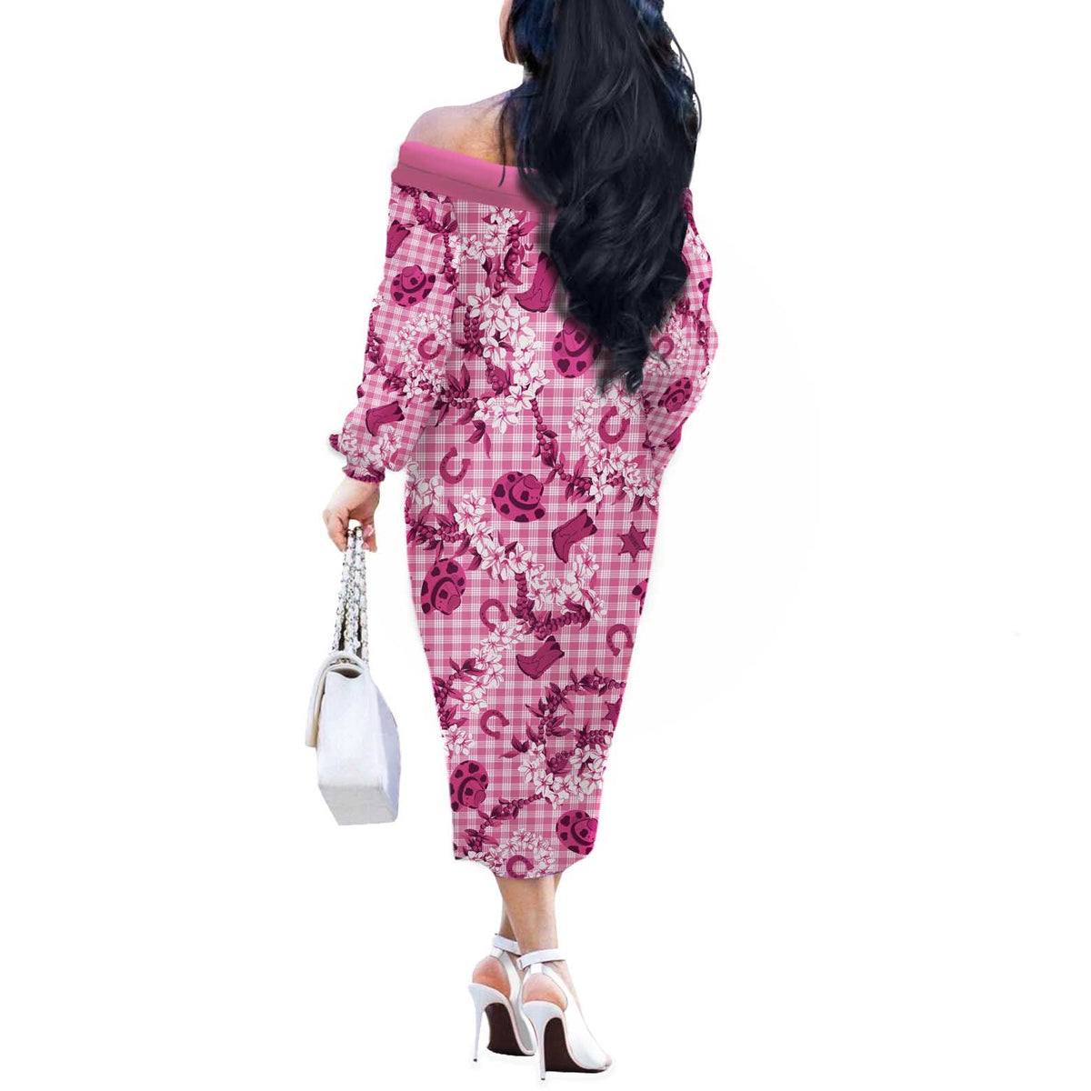 Mokihana Maile Ilima Leis Paniolo Palaka Off The Shoulder Long Sleeve Dress Hawaiian Omaomo Ulaula Spirit LT9 - Polynesian Pride