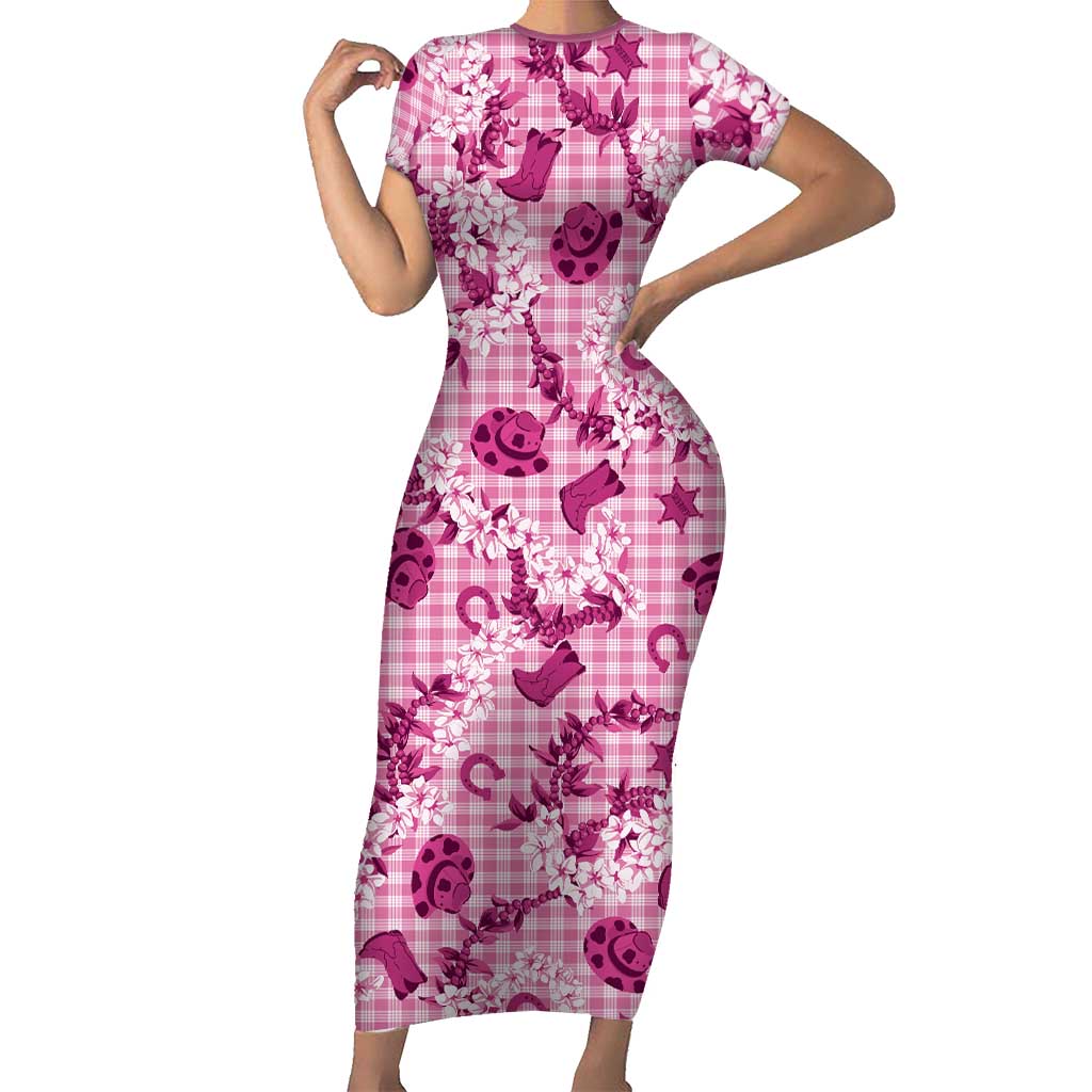 Mokihana Maile Ilima Leis Paniolo Palaka Short Sleeve Bodycon Dress Hawaiian Omaomo Ulaula Spirit LT9 Long Dress Pink - Polynesian Pride
