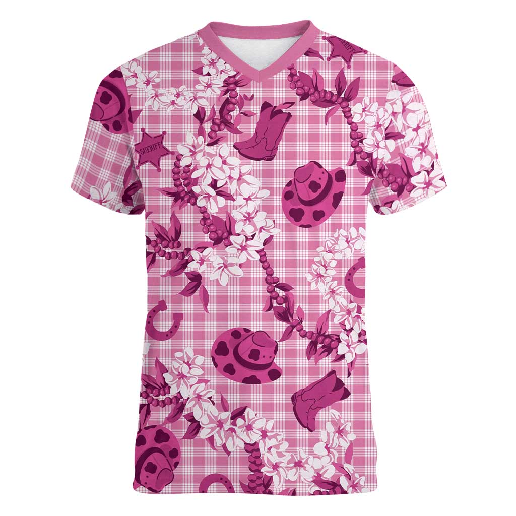 Mokihana Maile Ilima Leis Paniolo Palaka Women V-Neck T-Shirt Hawaiian Omaomo Ulaula Spirit - Polynesian Pride
