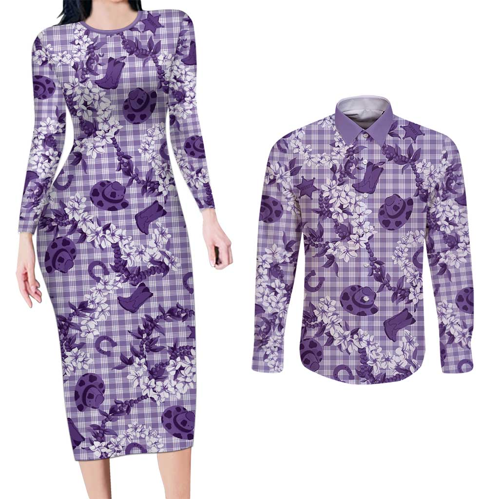 Mokihana Maile Ilima Leis Paniolo Palaka Couples Matching Long Sleeve Bodycon Dress and Long Sleeve Button Shirt Hawaiian Poni Spirit LT9 Purple - Polynesian Pride