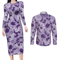 Mokihana Maile Ilima Leis Paniolo Palaka Couples Matching Long Sleeve Bodycon Dress and Long Sleeve Button Shirt Hawaiian Poni Spirit LT9 Purple - Polynesian Pride