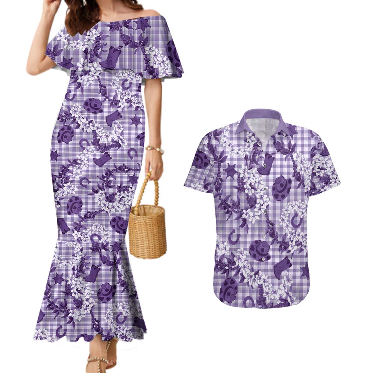 Mokihana Maile Ilima Leis Paniolo Palaka Couples Matching Mermaid Dress and Hawaiian Shirt Hawaiian Poni Spirit LT9 Purple - Polynesian Pride