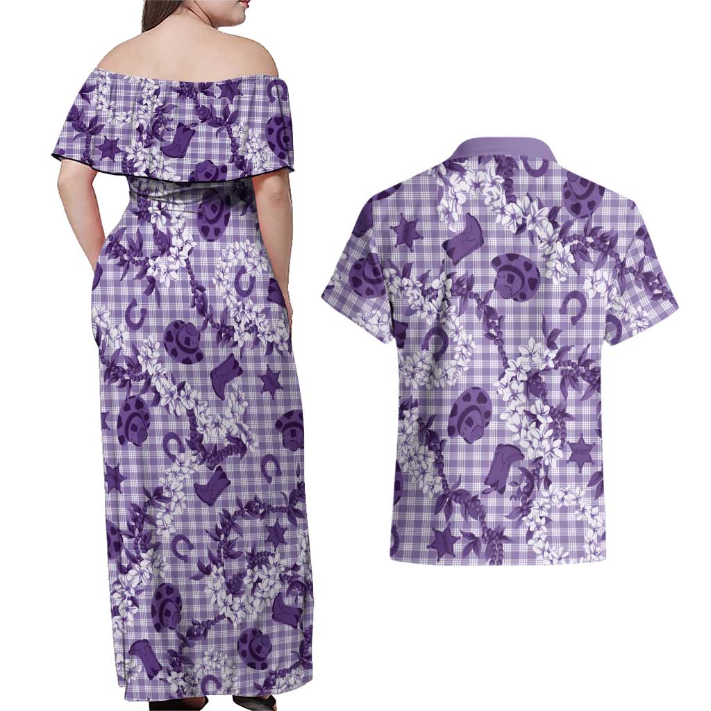 Mokihana Maile Ilima Leis Paniolo Palaka Couples Matching Off Shoulder Maxi Dress and Hawaiian Shirt Hawaiian Poni Spirit LT9 - Polynesian Pride