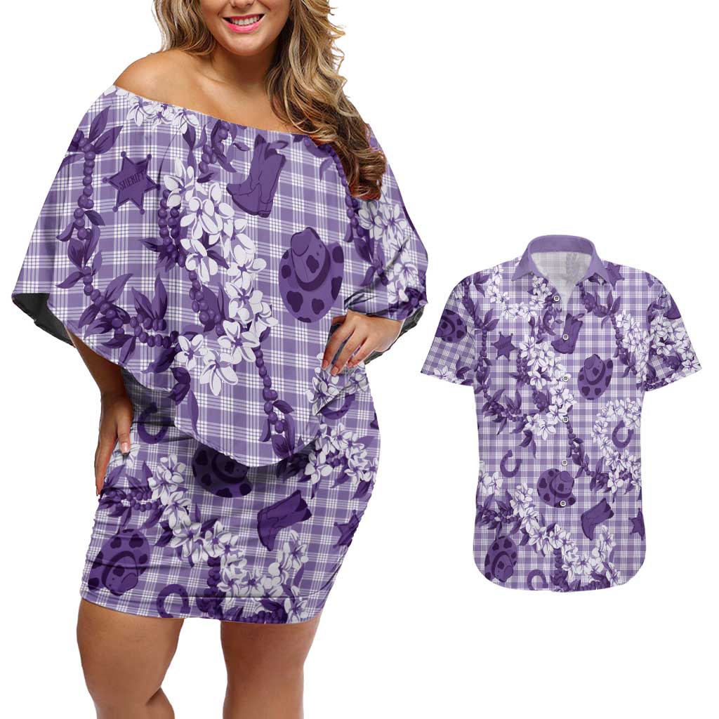 Mokihana Maile Ilima Leis Paniolo Palaka Couples Matching Off Shoulder Short Dress and Hawaiian Shirt Hawaiian Poni Spirit - Polynesian Pride