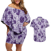 Mokihana Maile Ilima Leis Paniolo Palaka Couples Matching Off Shoulder Short Dress and Hawaiian Shirt Hawaiian Poni Spirit LT9 Purple - Polynesian Pride