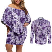 Mokihana Maile Ilima Leis Paniolo Palaka Couples Matching Off Shoulder Short Dress and Long Sleeve Button Shirt Hawaiian Poni Spirit LT9 Purple - Polynesian Pride