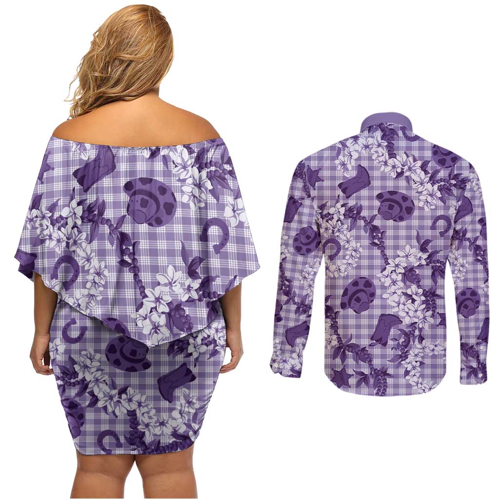 Mokihana Maile Ilima Leis Paniolo Palaka Couples Matching Off Shoulder Short Dress and Long Sleeve Button Shirt Hawaiian Poni Spirit LT9 - Polynesian Pride