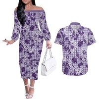 Mokihana Maile Ilima Leis Paniolo Palaka Couples Matching Off The Shoulder Long Sleeve Dress and Hawaiian Shirt Hawaiian Poni Spirit LT9 Purple - Polynesian Pride