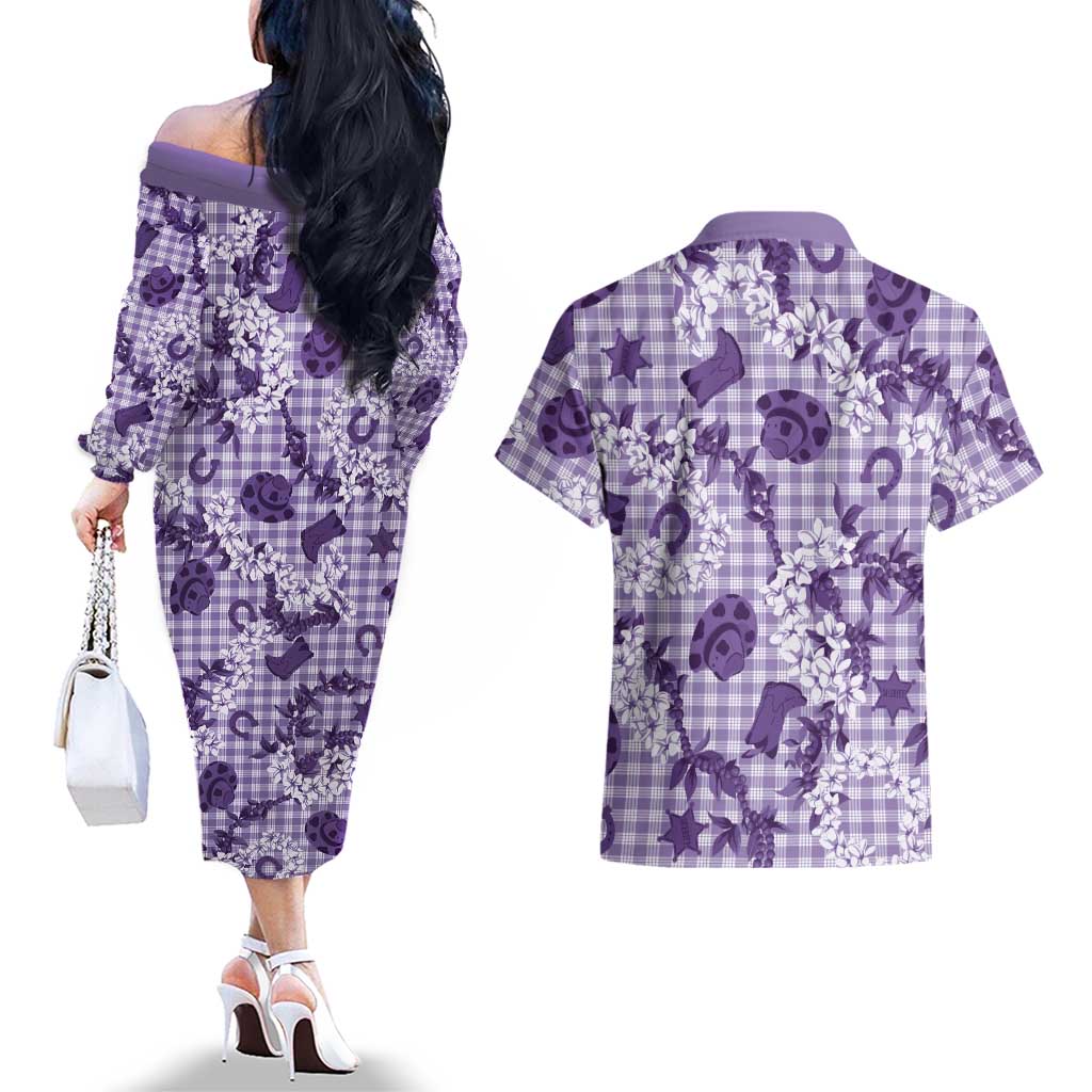 Mokihana Maile Ilima Leis Paniolo Palaka Couples Matching Off The Shoulder Long Sleeve Dress and Hawaiian Shirt Hawaiian Poni Spirit LT9 - Polynesian Pride