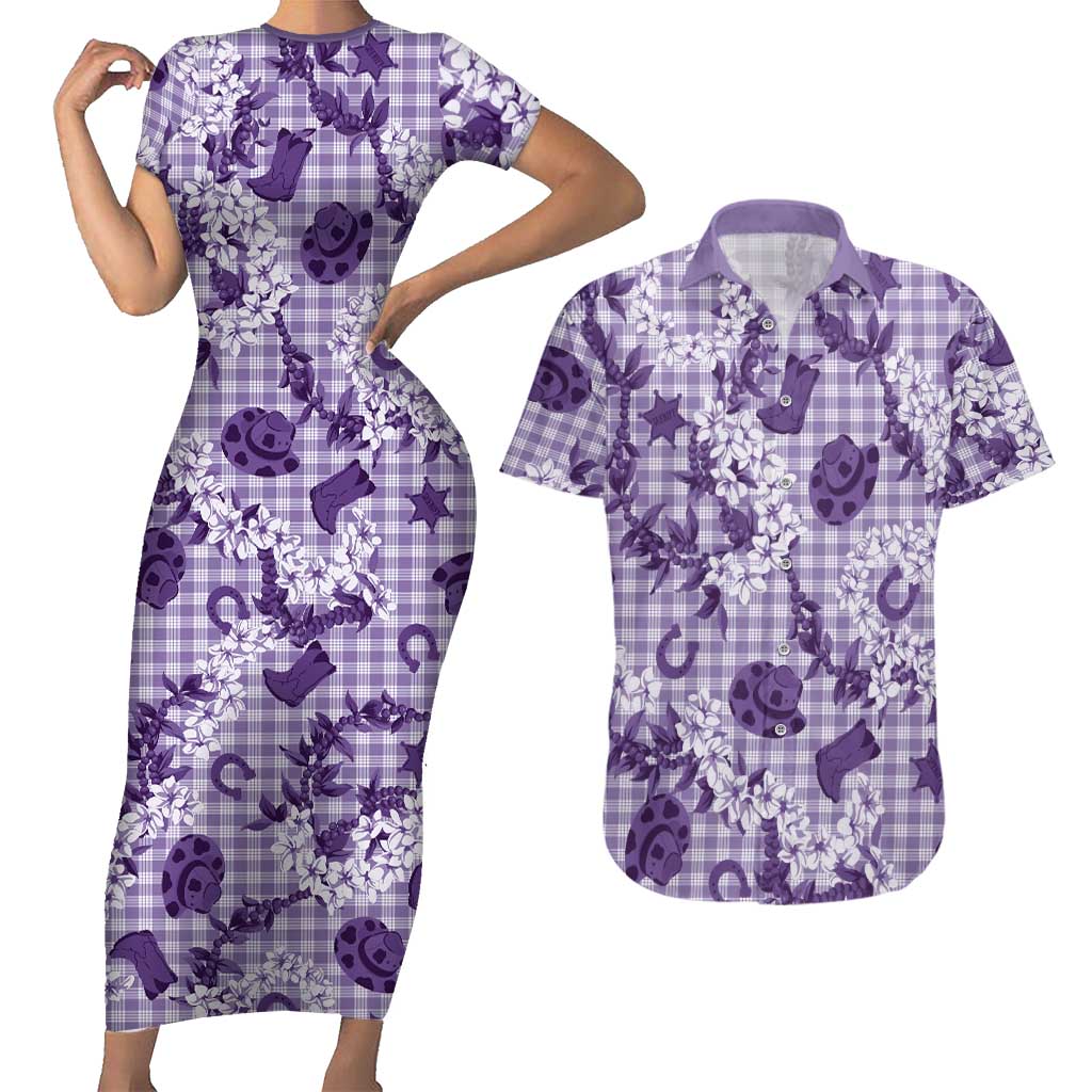 Mokihana Maile Ilima Leis Paniolo Palaka Couples Matching Short Sleeve Bodycon Dress and Hawaiian Shirt Hawaiian Poni Spirit LT9 Purple - Polynesian Pride