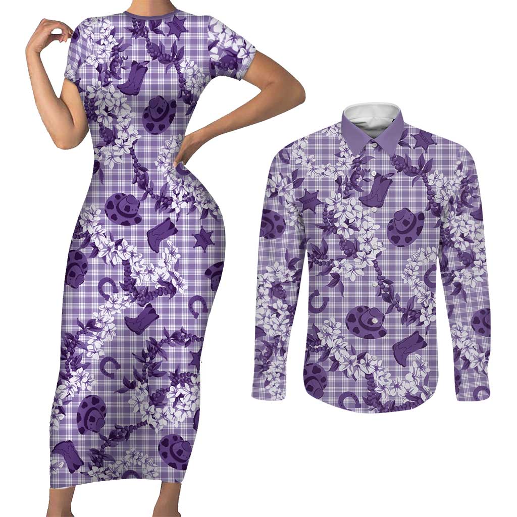 Mokihana Maile Ilima Leis Paniolo Palaka Couples Matching Short Sleeve Bodycon Dress and Long Sleeve Button Shirt Hawaiian Poni Spirit LT9 Purple - Polynesian Pride
