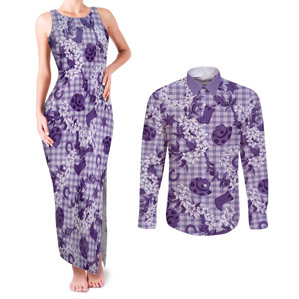 Mokihana Maile Ilima Leis Paniolo Palaka Couples Matching Tank Maxi Dress and Long Sleeve Button Shirt Hawaiian Poni Spirit LT9 Purple - Polynesian Pride
