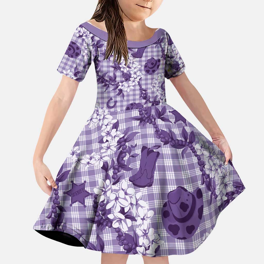 Mokihana Maile Ilima Leis Paniolo Palaka Family Matching Off Shoulder Maxi Dress and Hawaiian Shirt Hawaiian Poni Spirit LT9 Daughter's Dress Purple - Polynesian Pride