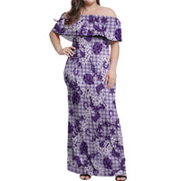 Mokihana Maile Ilima Leis Paniolo Palaka Off Shoulder Maxi Dress Hawaiian Poni Spirit LT9 Women Purple - Polynesian Pride