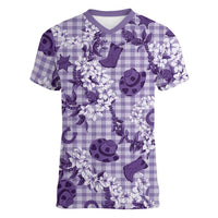 Mokihana Maile Ilima Leis Paniolo Palaka Women V-Neck T-Shirt Hawaiian Poni Spirit LT9 Female Purple - Polynesian Pride