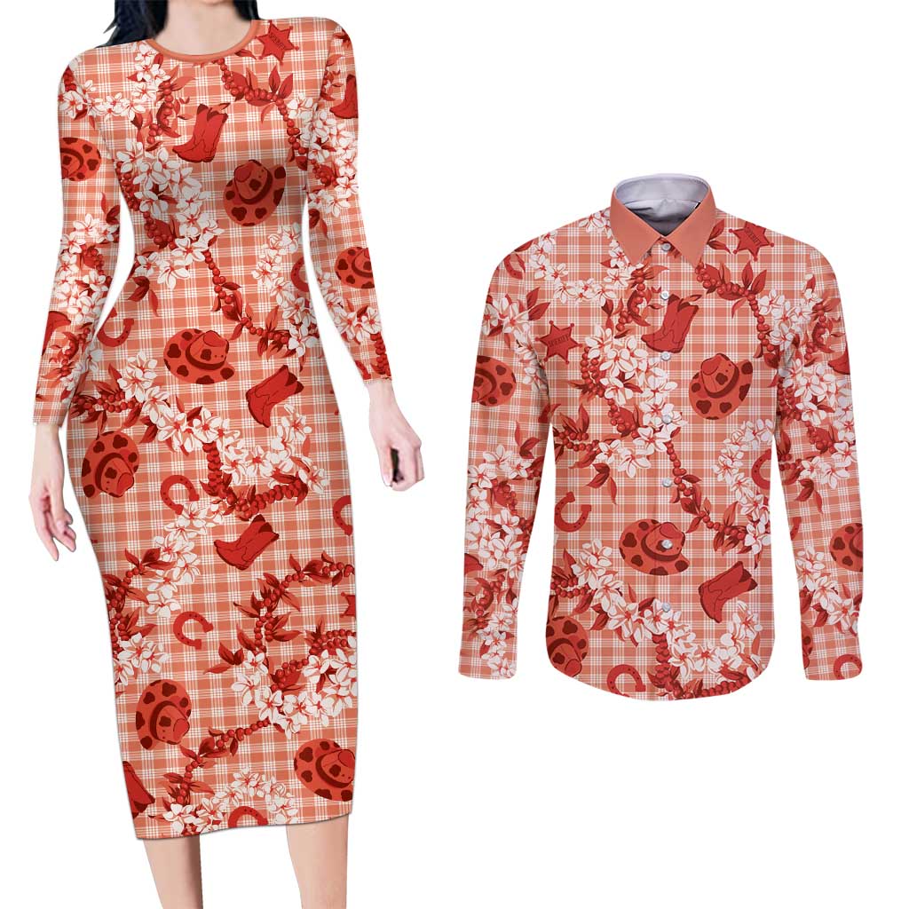 Mokihana Maile Ilima Leis Paniolo Palaka Couples Matching Long Sleeve Bodycon Dress and Long Sleeve Button Shirt Hawaiian Ulaula Spirit LT9 Red - Polynesian Pride