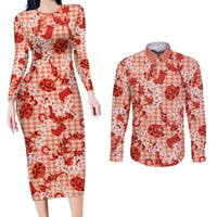 Mokihana Maile Ilima Leis Paniolo Palaka Couples Matching Long Sleeve Bodycon Dress and Long Sleeve Button Shirt Hawaiian Ulaula Spirit LT9 Red - Polynesian Pride
