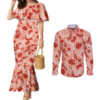 Mokihana Maile Ilima Leis Paniolo Palaka Couples Matching Mermaid Dress and Long Sleeve Button Shirt Hawaiian Ulaula Spirit LT9 Red - Polynesian Pride