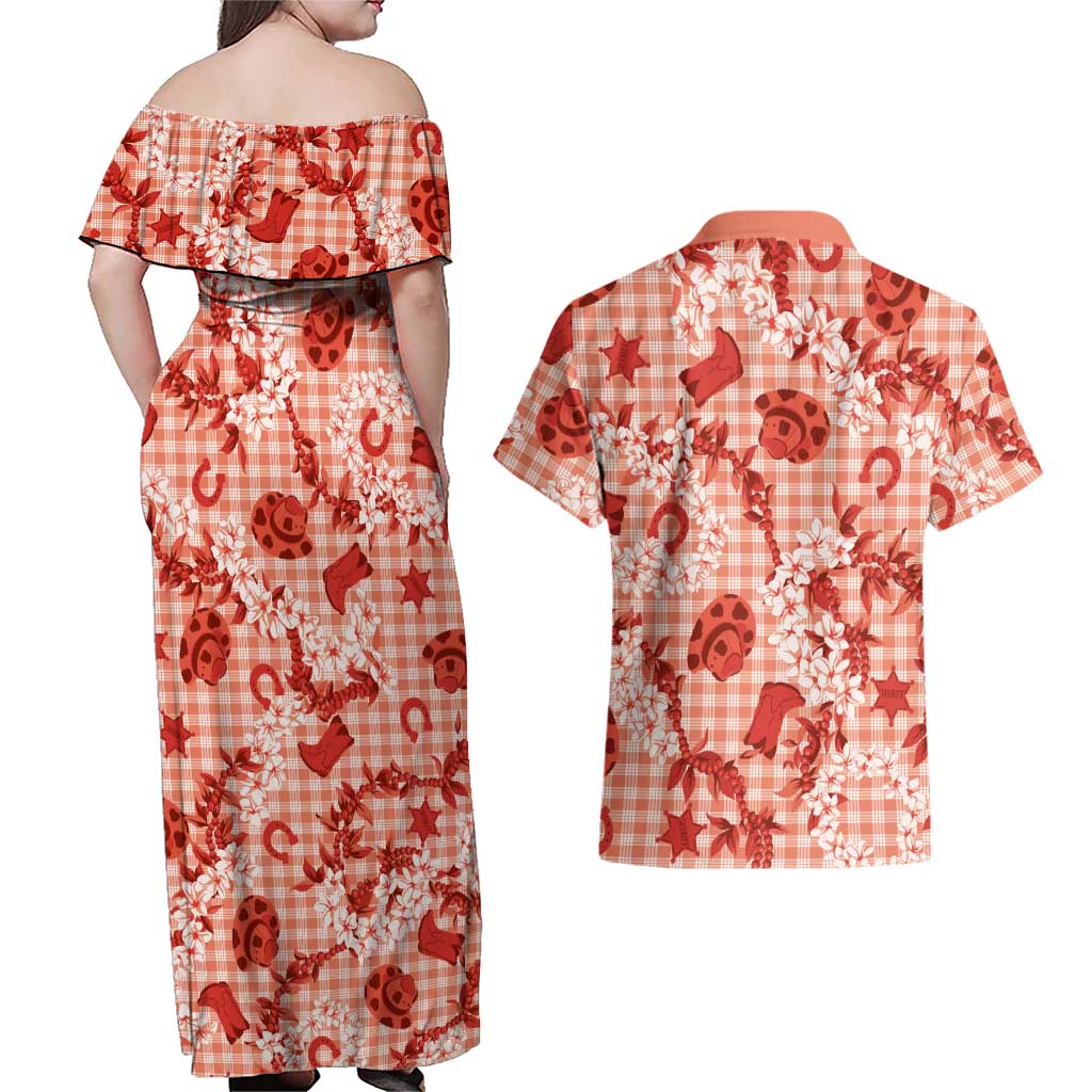 Mokihana Maile Ilima Leis Paniolo Palaka Couples Matching Off Shoulder Maxi Dress and Hawaiian Shirt Hawaiian Ulaula Spirit LT9 - Polynesian Pride