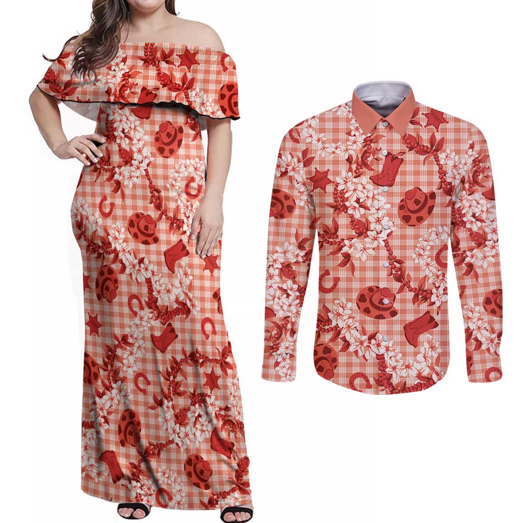Mokihana Maile Ilima Leis Paniolo Palaka Couples Matching Off Shoulder Maxi Dress and Long Sleeve Button Shirt Hawaiian Ulaula Spirit LT9 Red - Polynesian Pride