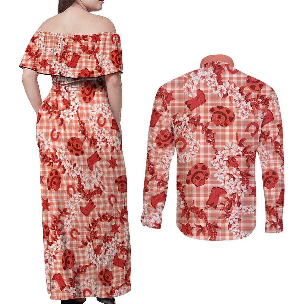 Mokihana Maile Ilima Leis Paniolo Palaka Couples Matching Off Shoulder Maxi Dress and Long Sleeve Button Shirt Hawaiian Ulaula Spirit LT9 - Polynesian Pride