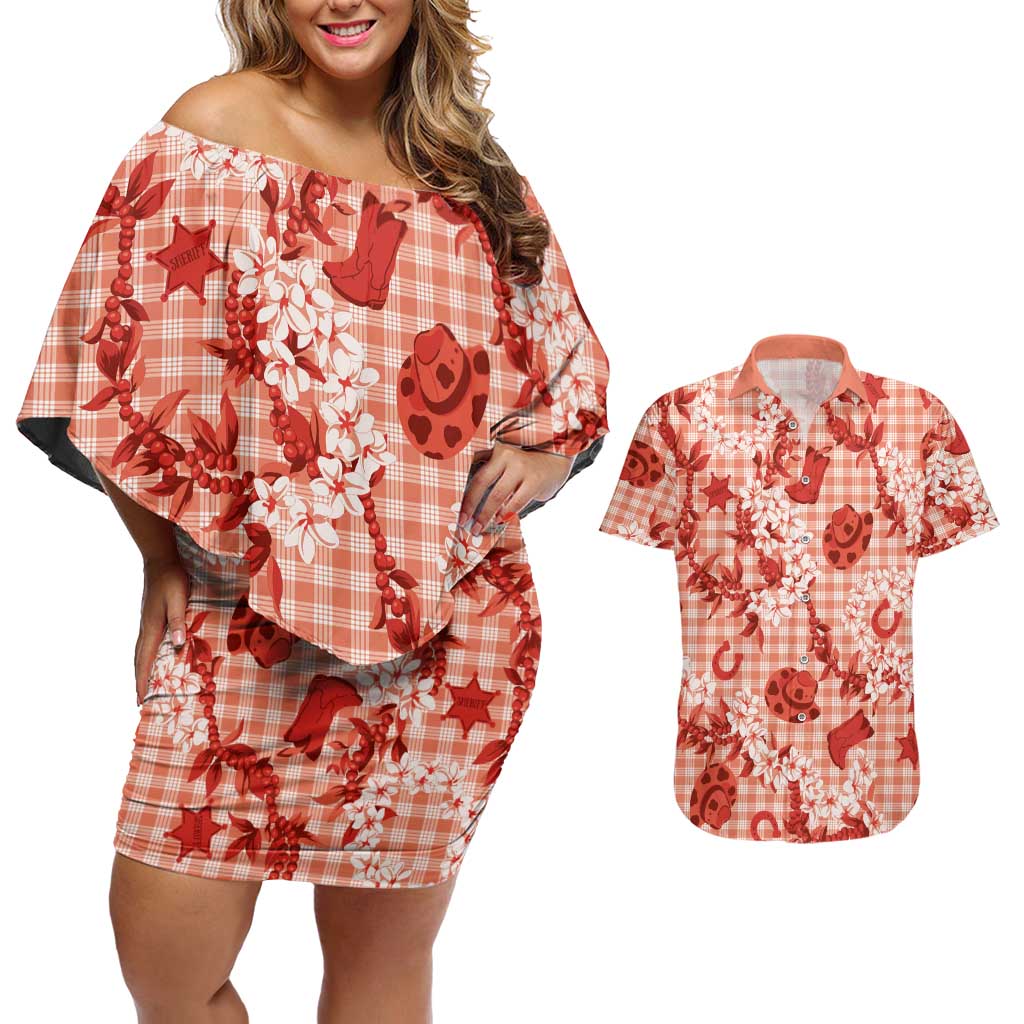 Mokihana Maile Ilima Leis Paniolo Palaka Couples Matching Off Shoulder Short Dress and Hawaiian Shirt Hawaiian Ulaula Spirit LT9 Red - Polynesian Pride