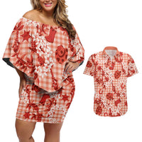 Mokihana Maile Ilima Leis Paniolo Palaka Couples Matching Off Shoulder Short Dress and Hawaiian Shirt Hawaiian Ulaula Spirit LT9 Red - Polynesian Pride